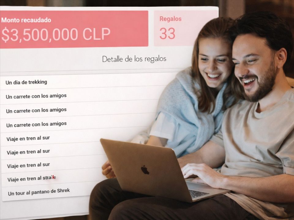 Plataforma de lista de novios para administrar regalos en dinero y revisar el monto recaudado.