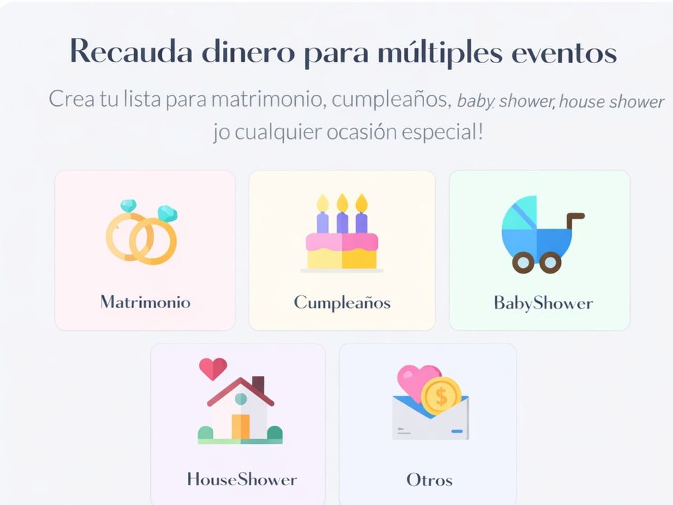 Plataforma para recaudar dinero y recibir regalos online para matrimonios, cumpleaños, baby showers y otros eventos.