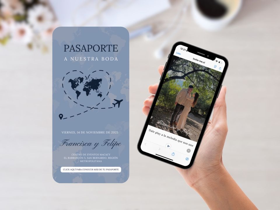 Invitación digital de matrimonio estilo pasaporte de viaje en tonos celestes con sitio web personalizado.