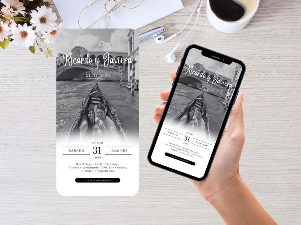 Invitación digital de matrimonio inspirada en París, con diseño elegante y versión web para celular.