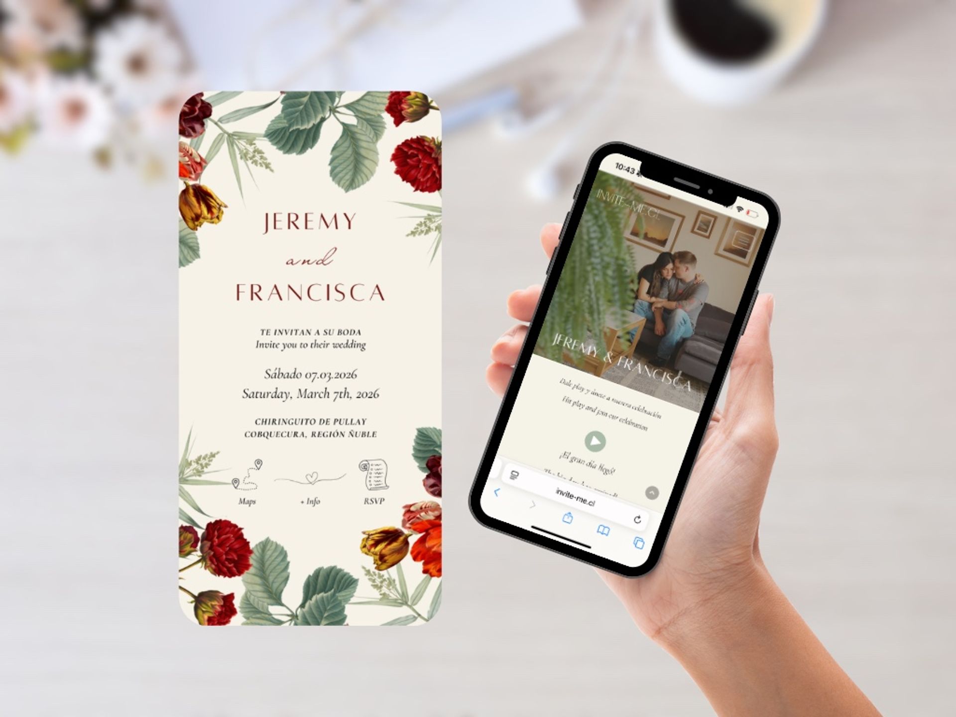 Invitación digital de matrimonio con diseño floral elegante en tonos rojos y versión web para celular.