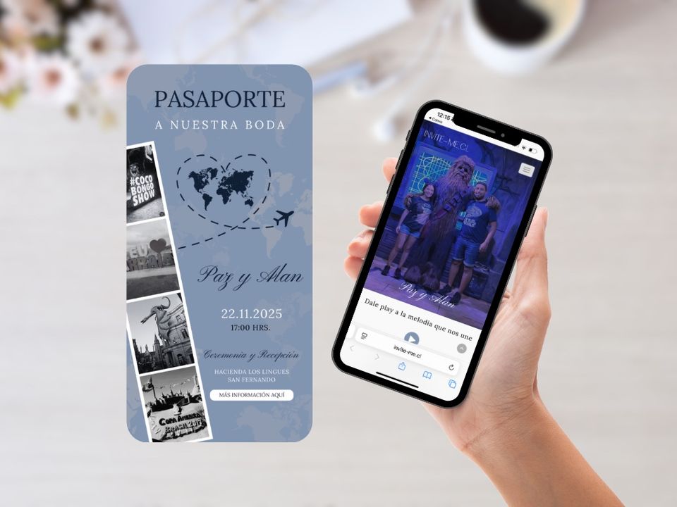Invitación de matrimonio estilo pasaporte con diseño viajero y versión digital para celular.