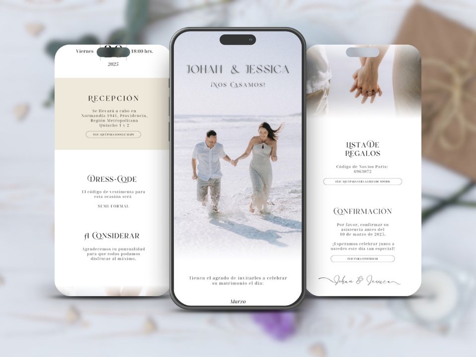 Invitación web de matrimonio en tonos pasteles con fotografías, información de recepción y confirmación de asistencia.