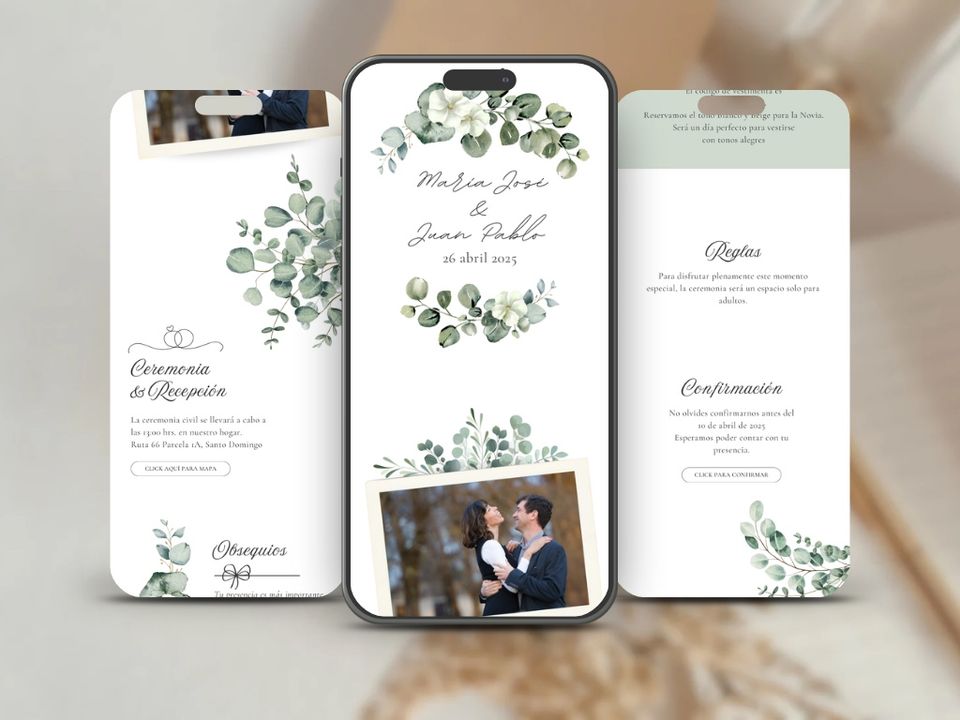 Invitación digital para matrimonio con diseño botánico en tonos verdes, fotografías e información de la boda.
