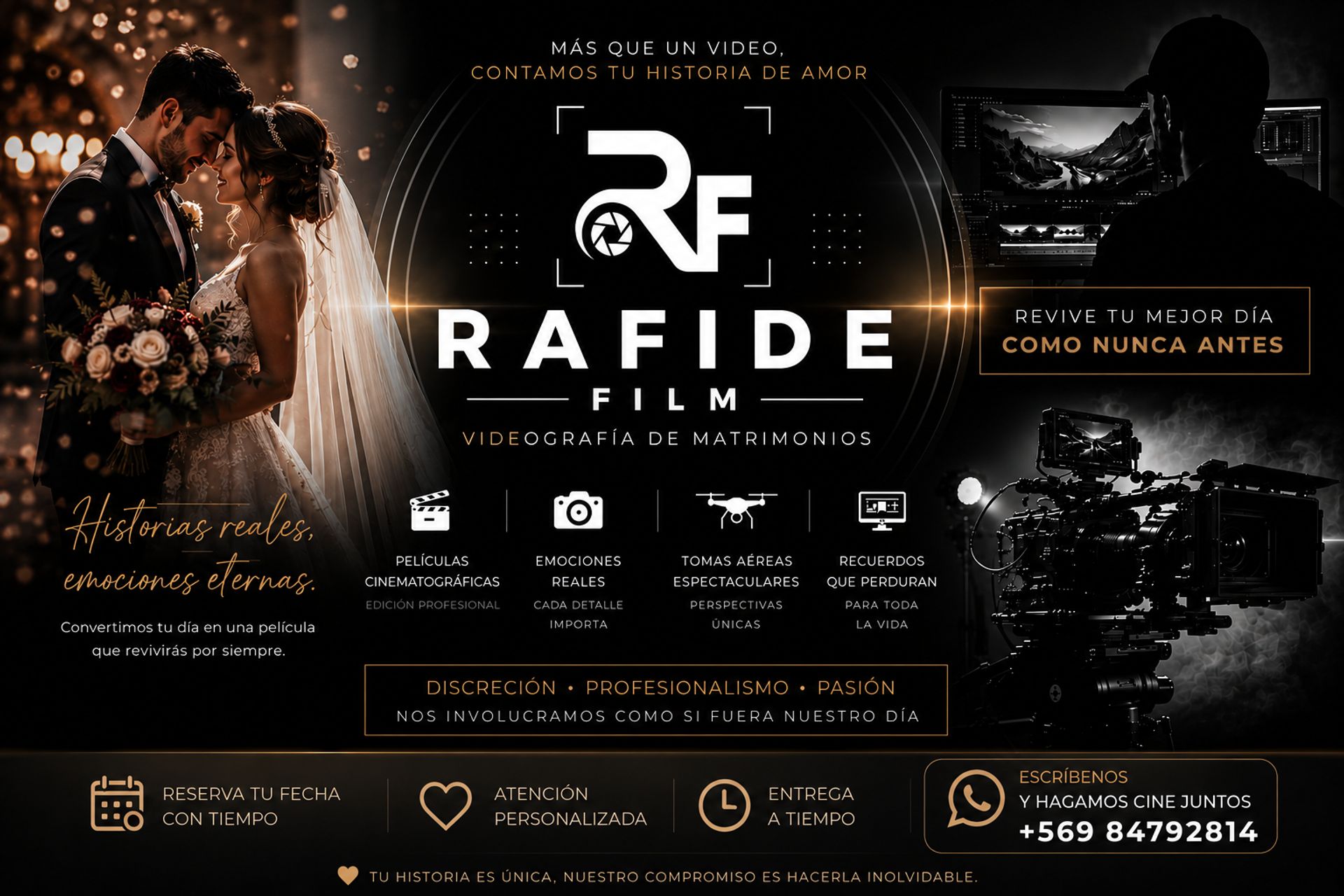 Capturamos cada emoción de tu matrimonio con un estilo cinematográfico, tomas con dron y edición profesional. En Rafide Film transformamos tu gran día en un recuerdo inolvidable p…