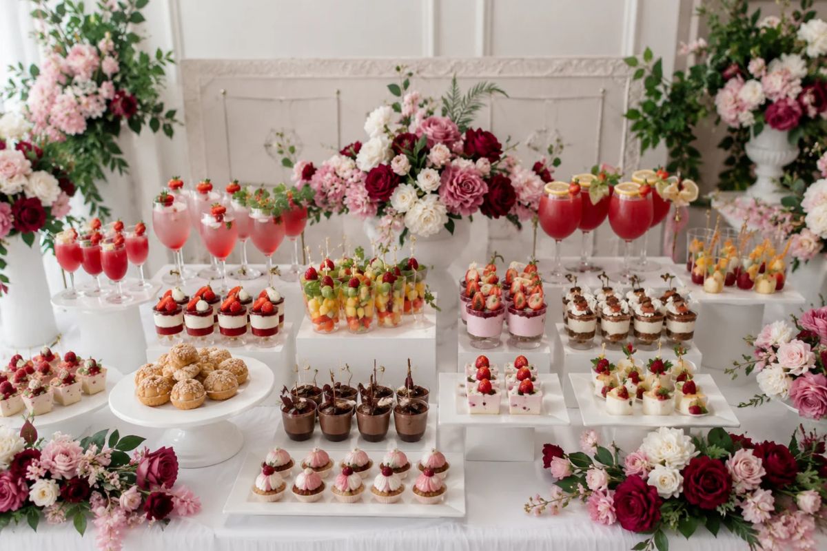 Estación de comida y postres para matrimonio