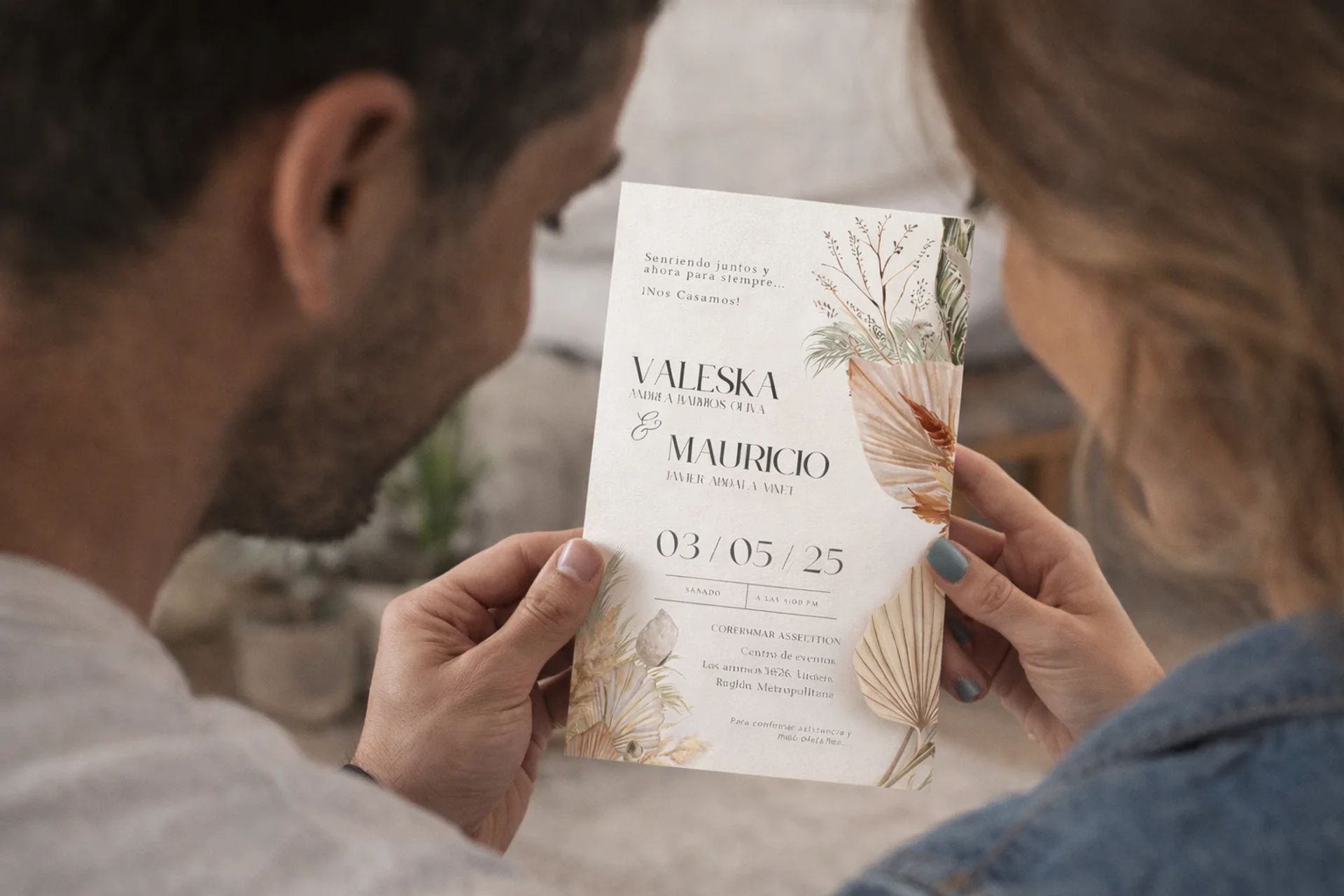 Ejemplo de invitación física impresa de matrimonio con tarjeta y sobre