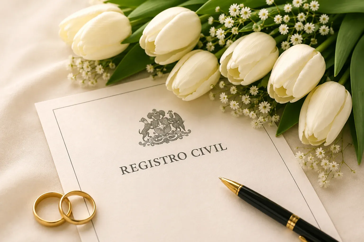 Carpeta de documentos y anillo de matrimonio para representar la manifestación de matrimonio en Chile