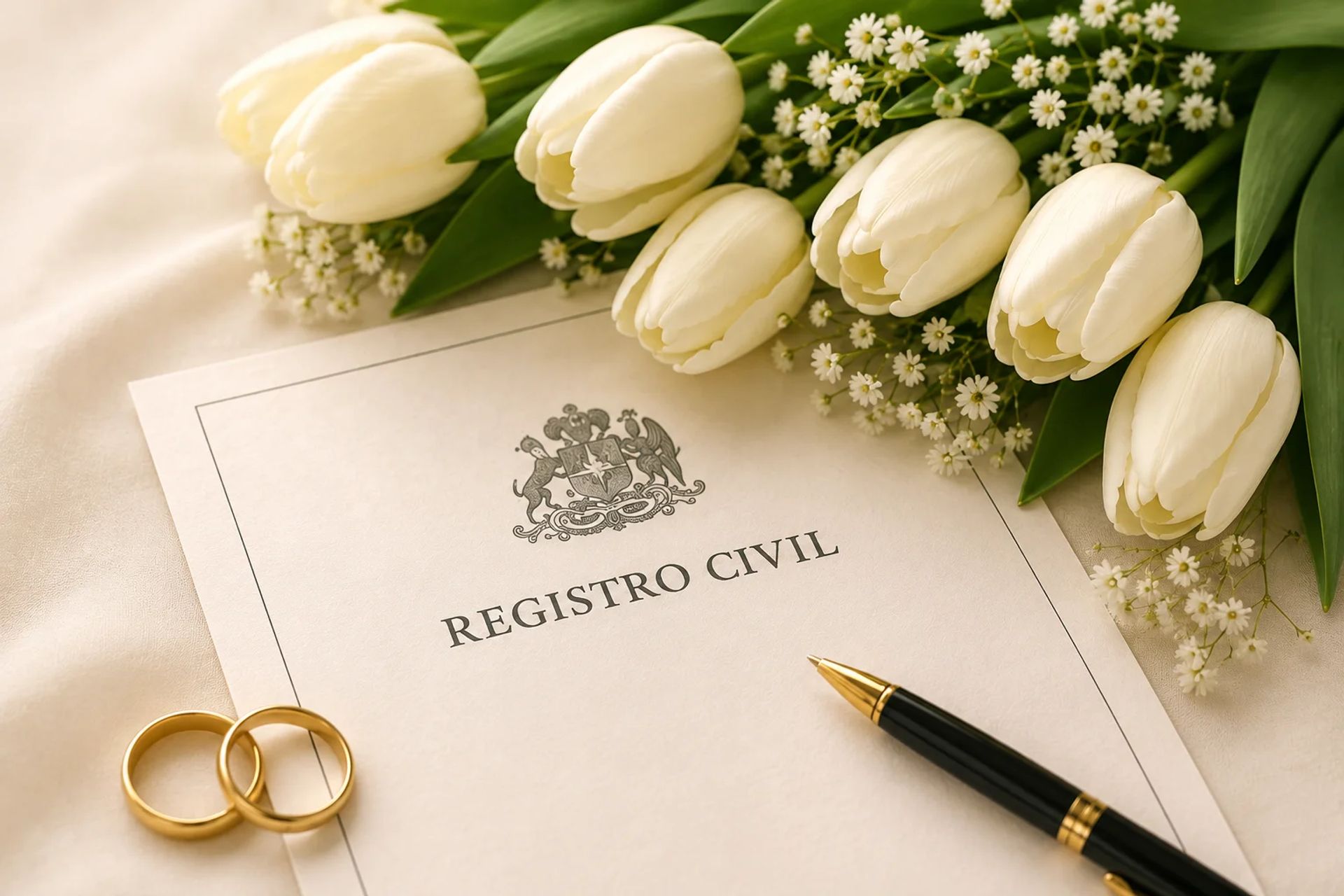 Carpeta de documentos y anillo de matrimonio para representar la manifestación de matrimonio en Chile