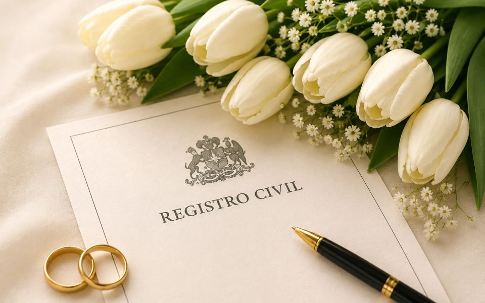 Carpeta de documentos y anillo de matrimonio para representar la manifestación de matrimonio en Chile