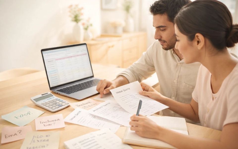 Pareja comparando propuestas de wedding planner