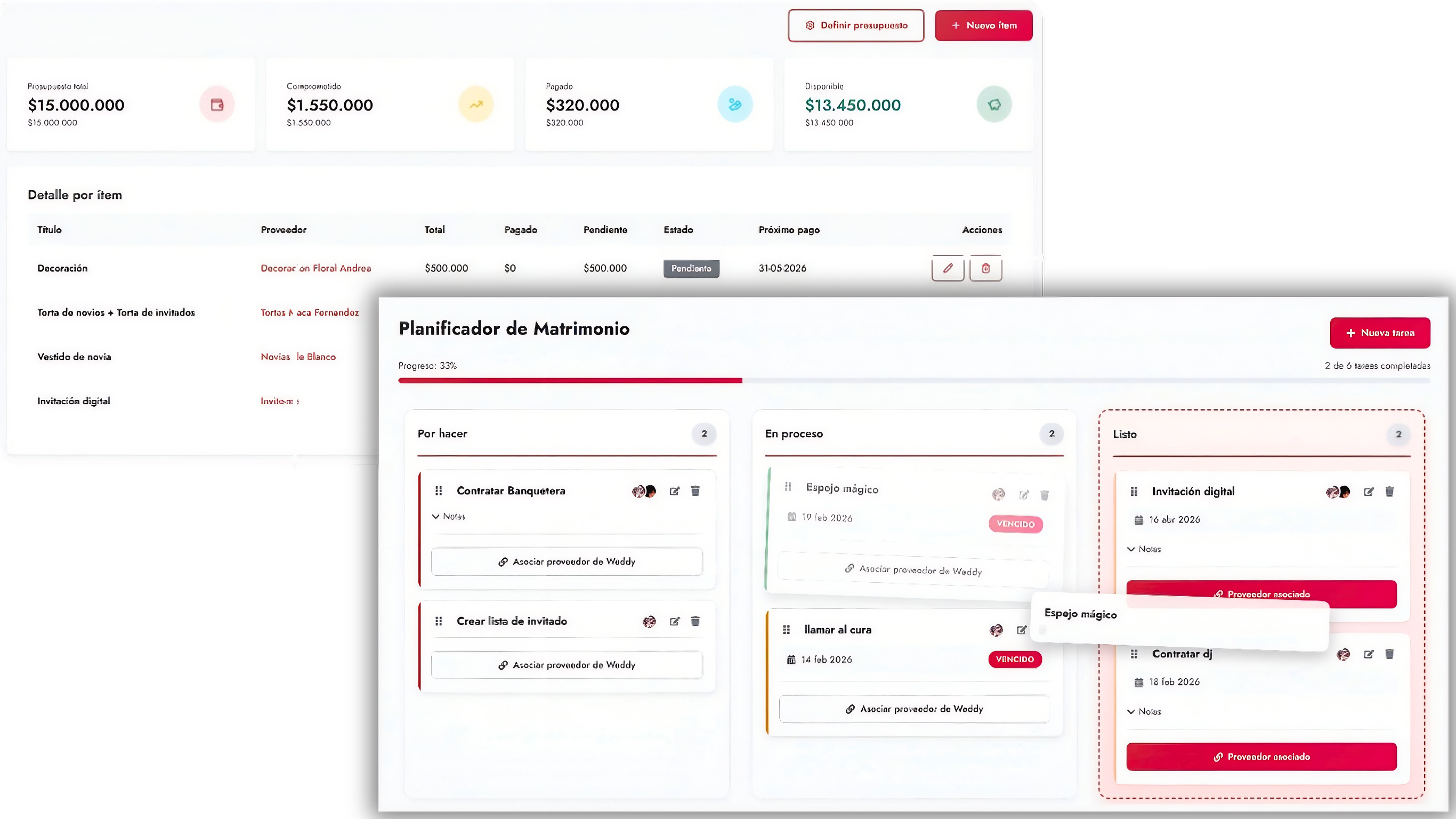 Planificador de Matrimonio Weddy - Tablero visual para organizar tareas de boda en Chile