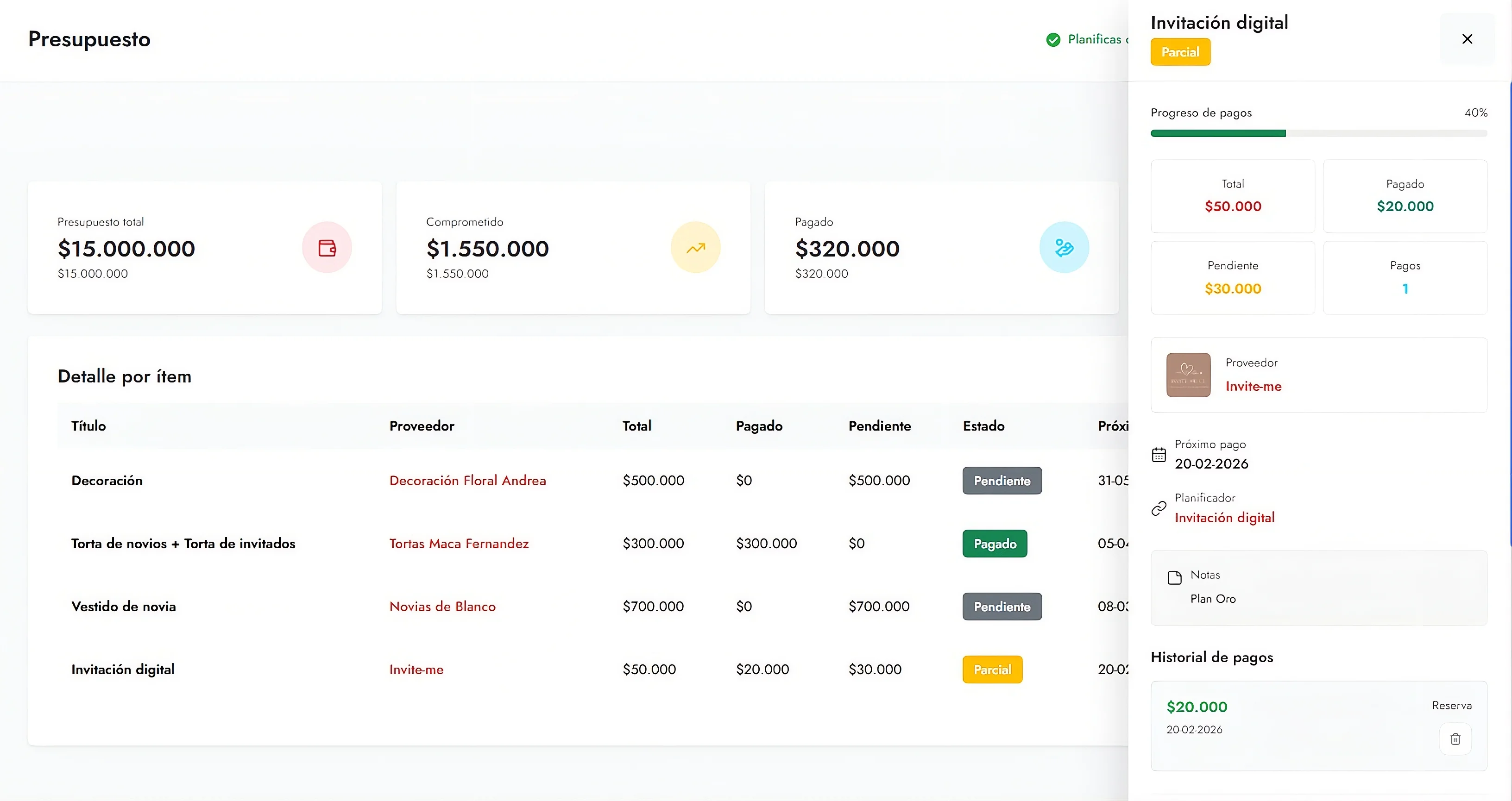 Módulo de presupuesto de Weddy - Controla gastos y pagos de tu matrimonio