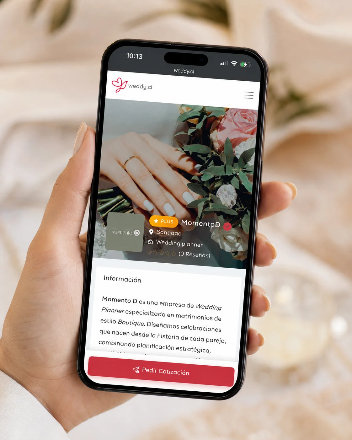 Vitrina de proveedor en celular dentro de Weddy — perfil, reseñas y pedir cotización